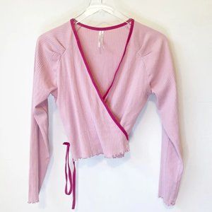 Anthropologie Pink Ribbed Wrap Top